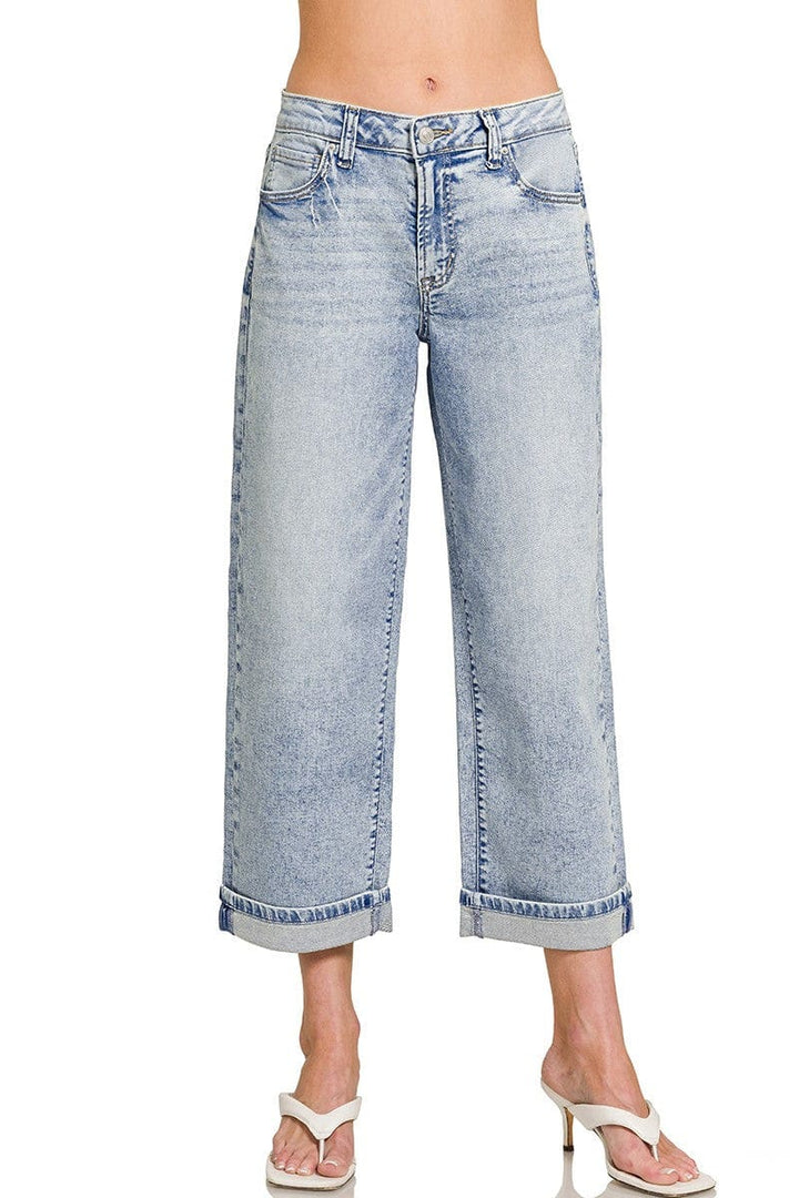 Zenana Cuffed Hem Straight Leg Cropped Casual Denim Jeans