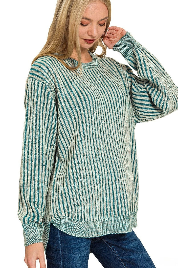 Zenana Curved Hem Two Tone Vertical Striped Sweater