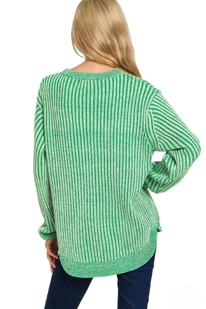 Zenana Curved Hem Two Tone Vertical Striped Sweater