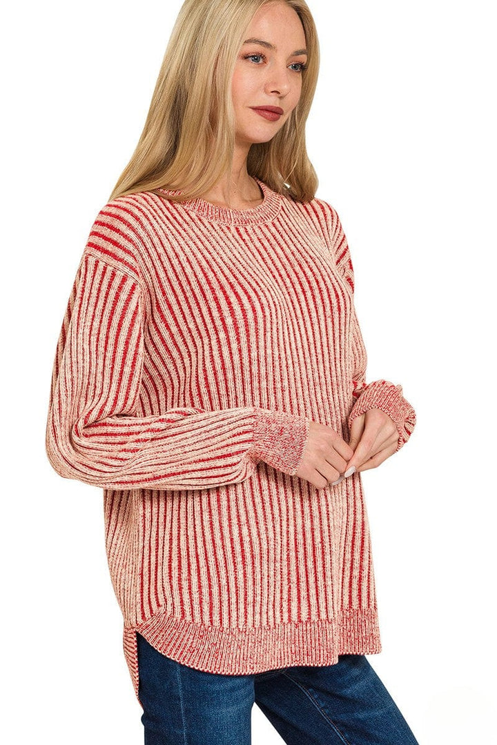 Zenana Curved Hem Two Tone Vertical Striped Sweater