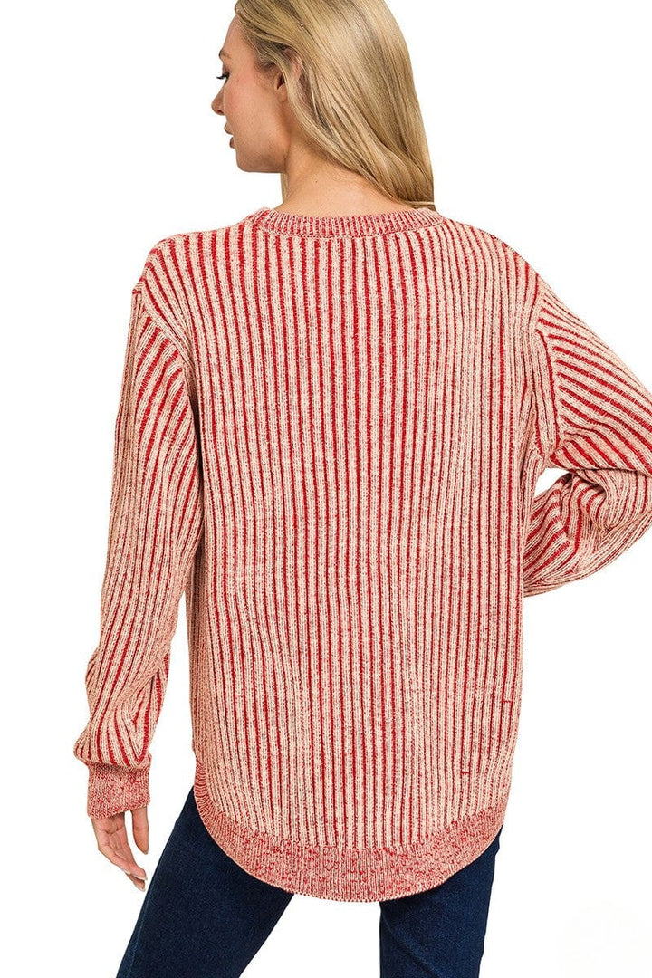 Zenana Curved Hem Two Tone Vertical Striped Sweater