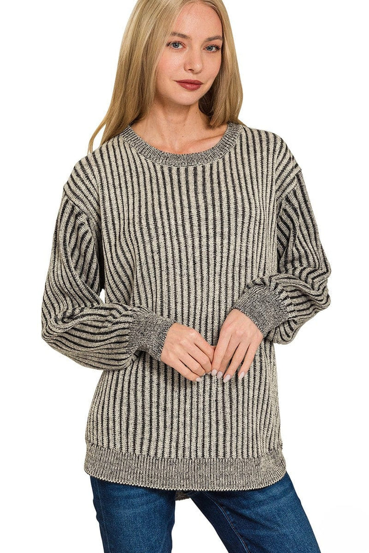 Zenana Curved Hem Two Tone Vertical Striped Sweater