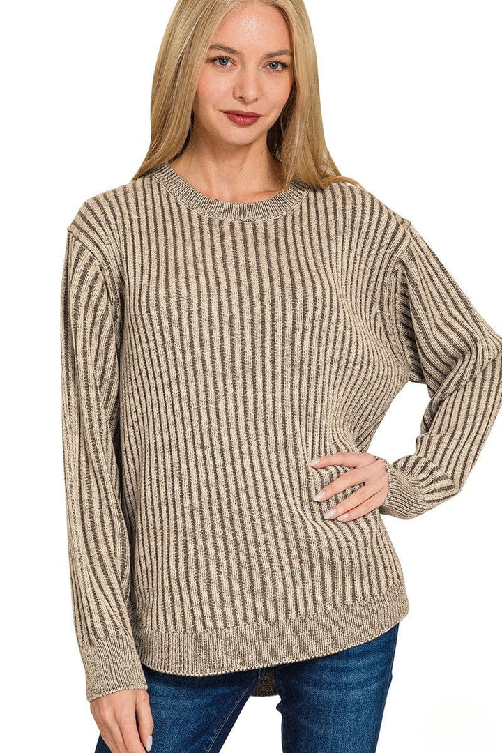 Zenana Curved Hem Two Tone Vertical Striped Sweater