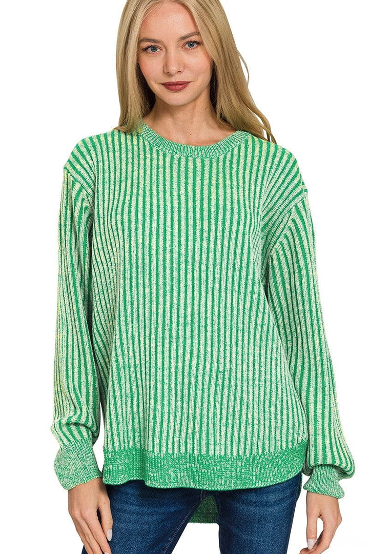 Zenana Curved Hem Two Tone Vertical Striped Sweater