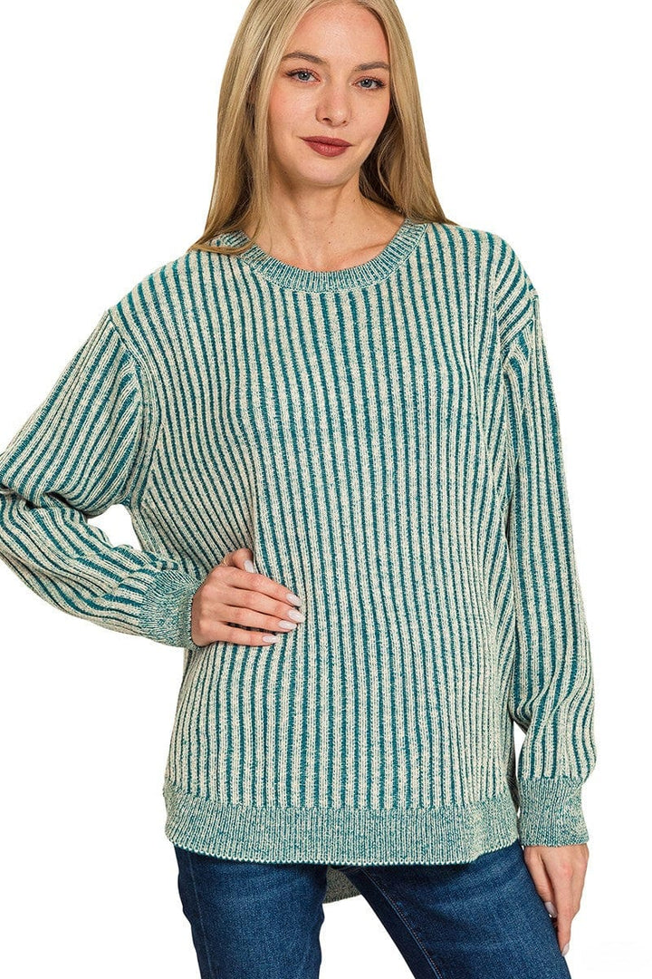 Zenana Curved Hem Two Tone Vertical Striped Sweater
