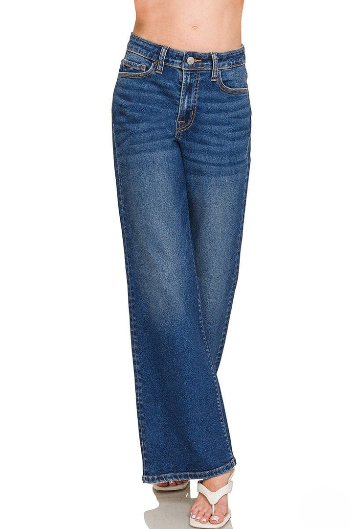 Zenana Dark Wash Mid Rise Wide Leg Denim Jeans
