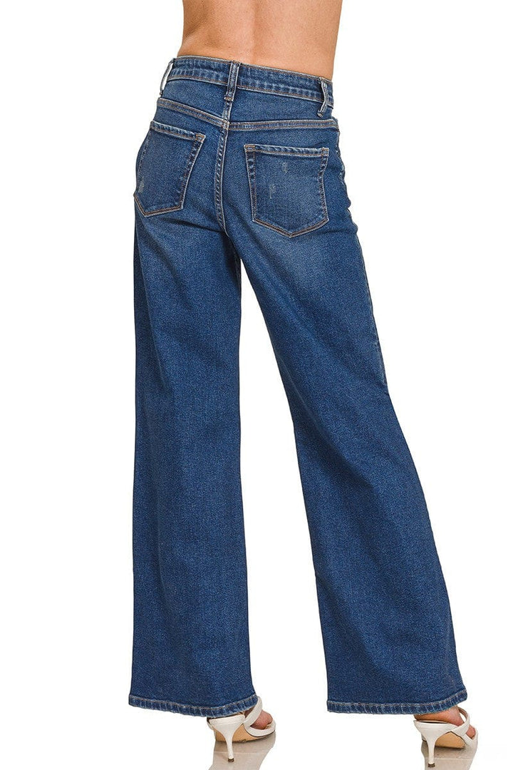 Zenana Dark Wash Mid Rise Wide Leg Denim Jeans