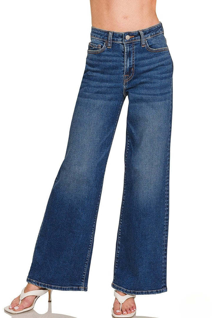 Zenana Dark Wash Mid Rise Wide Leg Denim Jeans