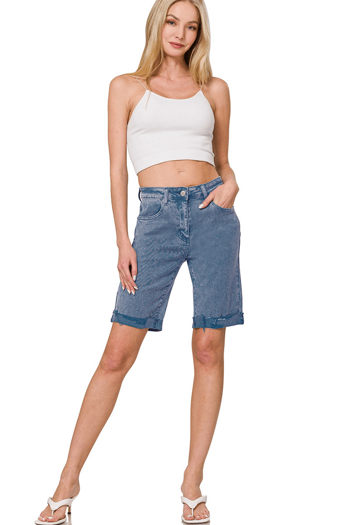 Zenana Distressed Acid Washed Dyed Bermuda Shorts