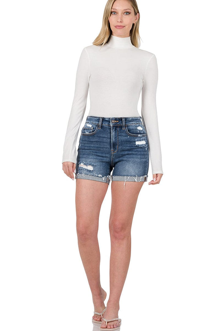 Zenana Distressed Cuffed Raw Hem Denim Shorts