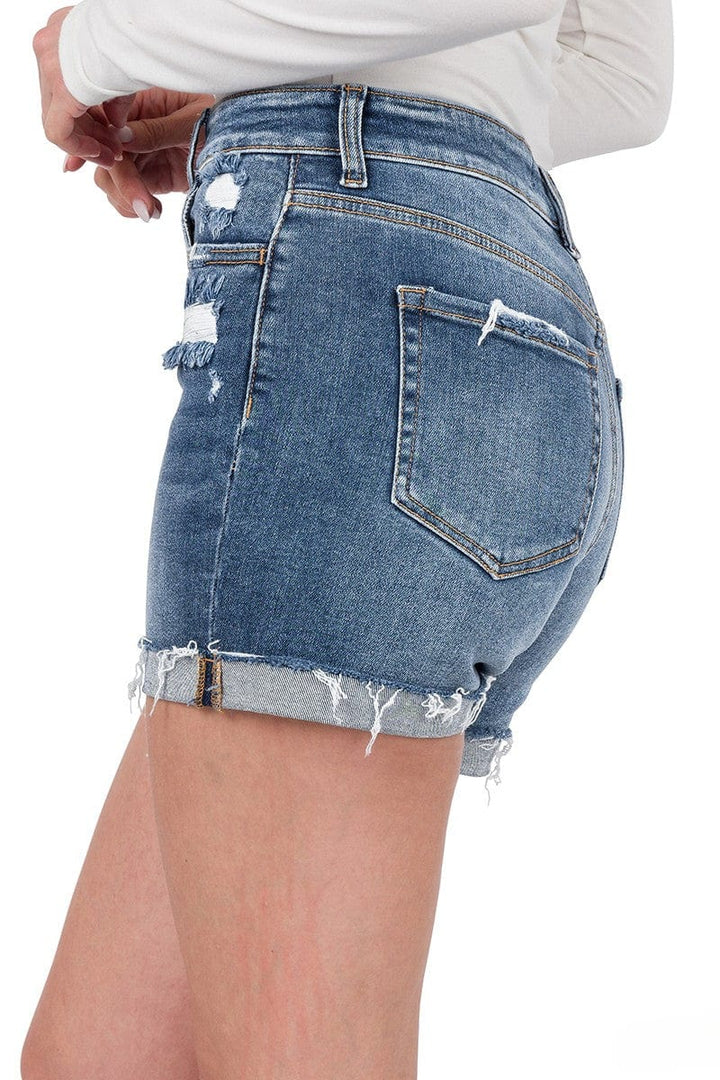 Zenana Distressed Cuffed Raw Hem Denim Shorts