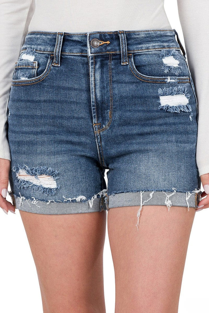 Zenana Distressed Cuffed Raw Hem Denim Shorts