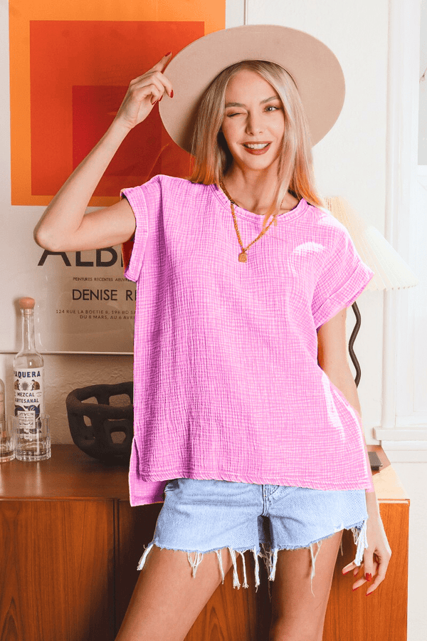 Zenana Double Gauze Acid Washed Short Sleeve Top