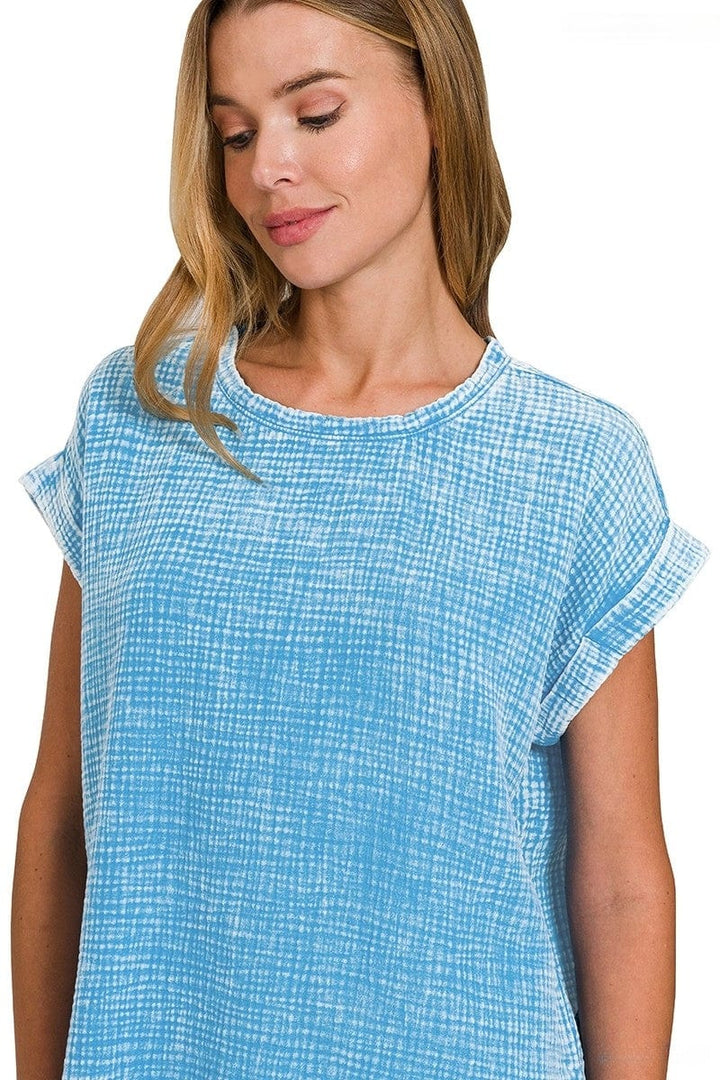 Zenana Double Gauze Acid Washed Short Sleeve Top