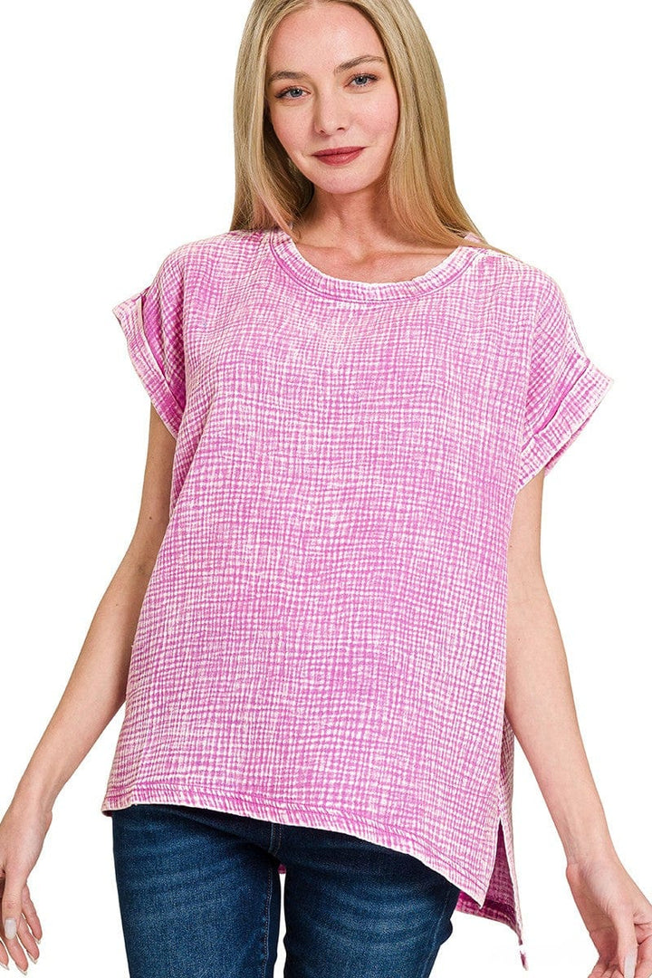 Zenana Double Gauze Acid Washed Short Sleeve Top