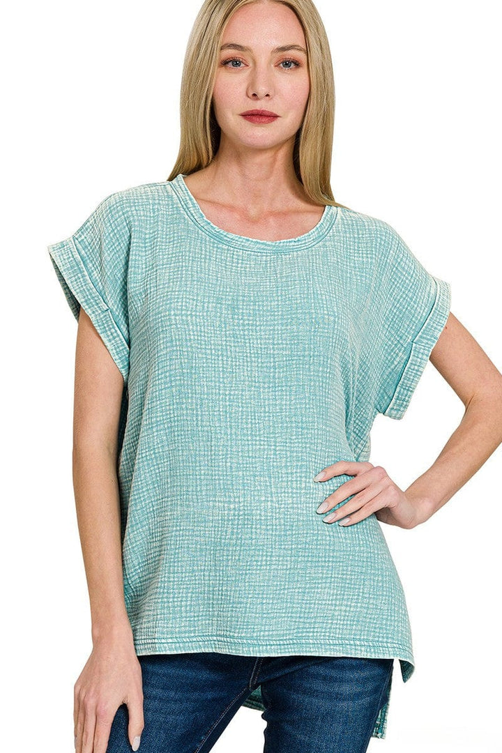 Zenana Double Gauze Acid Washed Short Sleeve Top