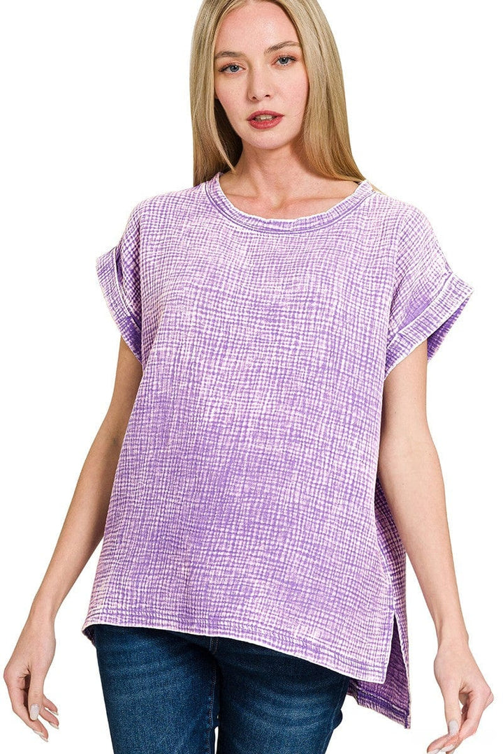 Zenana Double Gauze Acid Washed Short Sleeve Top