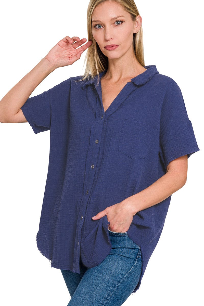 Zenana Double Gauze Button Down Raw Edge Short Sleeve Shirt