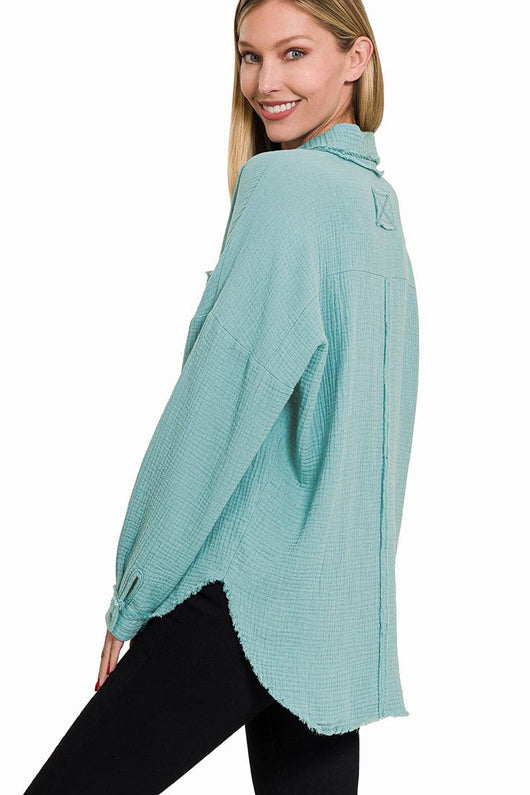 Zenana Double Gauze Oversized Raw Edge Shirt