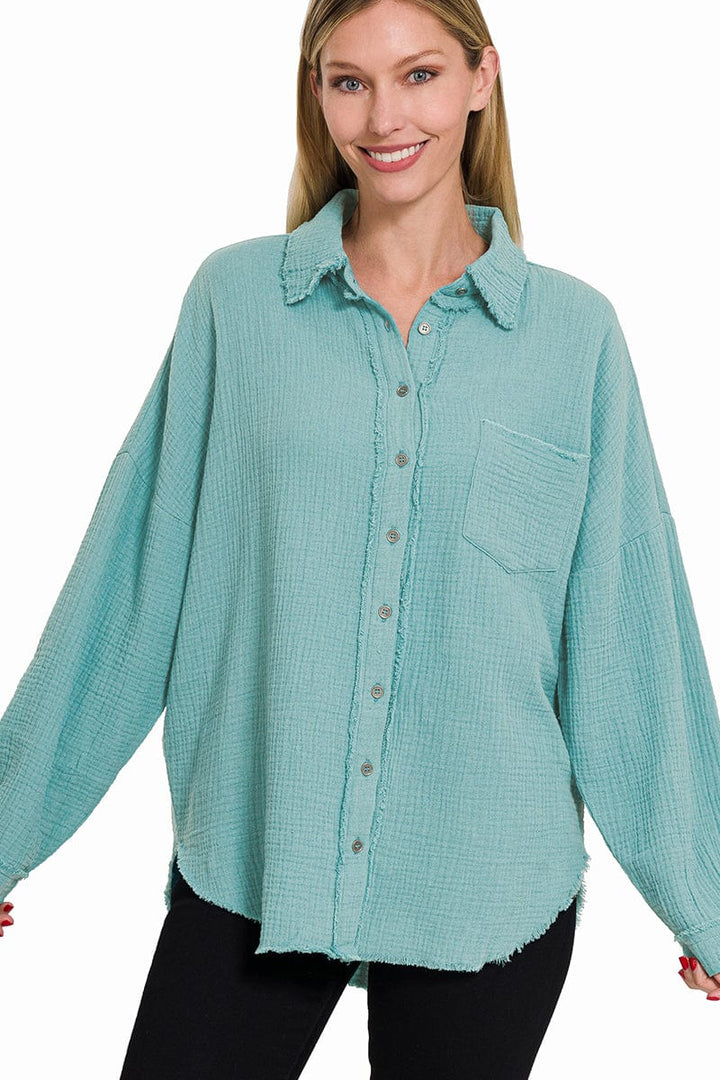 Zenana Womens Dark Blue Raw Hem Short Sleeve Shirt Size Medium - beyond  exchange