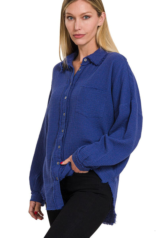 Zenana Double Gauze Oversized Raw Edge Shirt