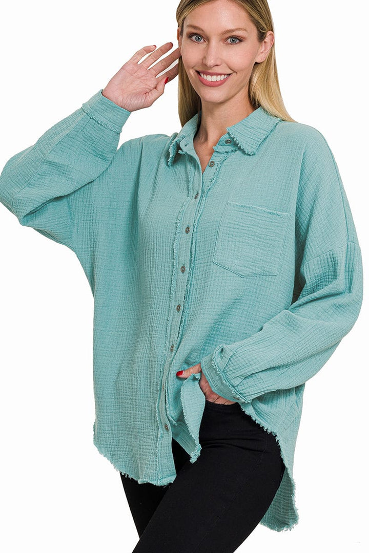 Zenana Double Gauze Oversized Raw Edge Shirt