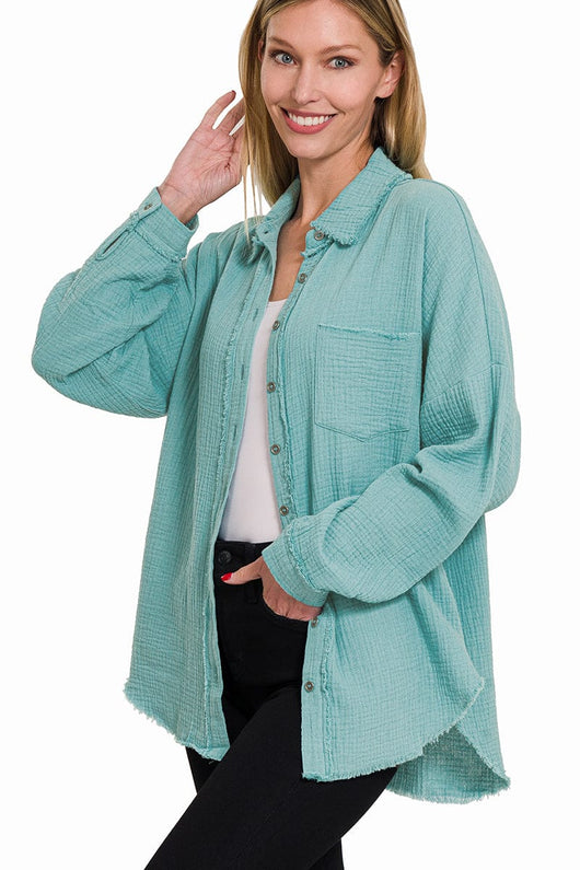 Zenana Double Gauze Oversized Raw Edge Shirt