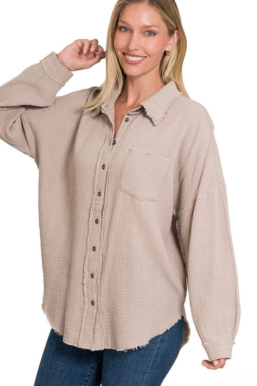 Zenana Double Gauze Oversized Raw Edge Shirt