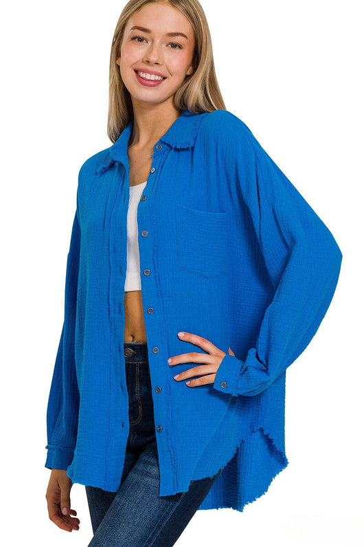 Zenana Double Gauze Oversized Raw Edge Shirt