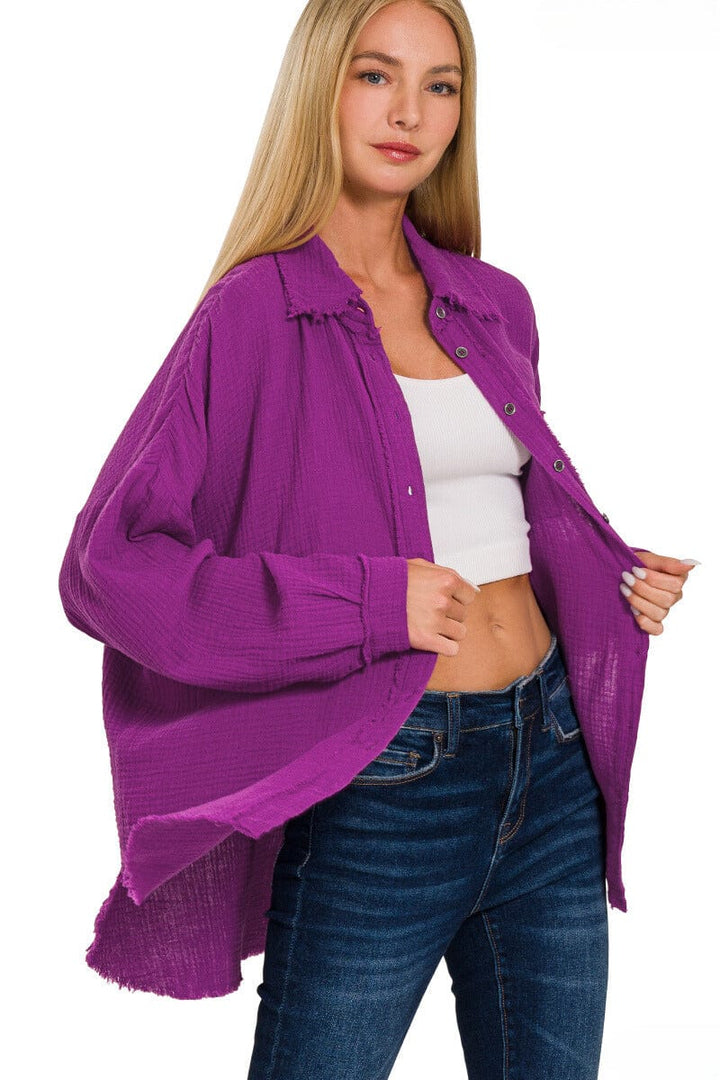 Zenana Double Gauze Oversized Raw Edge Shirt