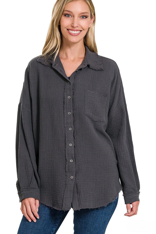 Zenana Double Gauze Oversized Raw Edge Shirt