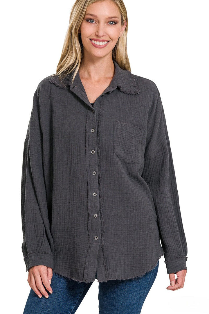 Zenana Full Size Texture Button Up Raw Hem Long Sleeve Shirt – Flyclothing  LLC