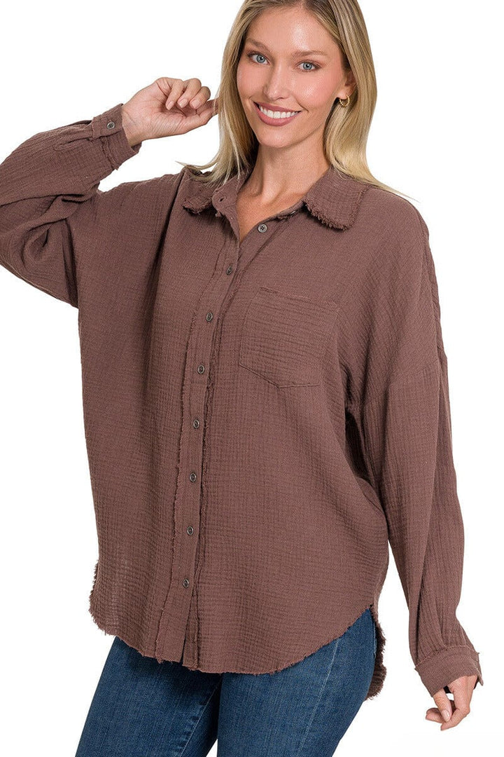 Zenana Double Gauze Oversized Raw Edge Shirt – jfybrand