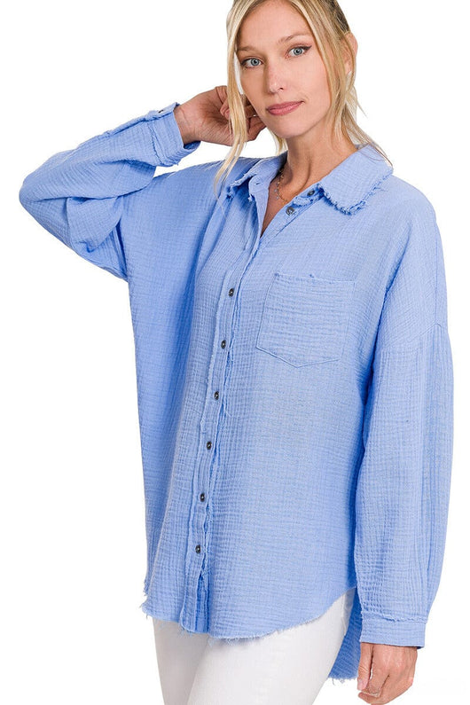 Zenana Double Gauze Oversized Raw Edge Shirt