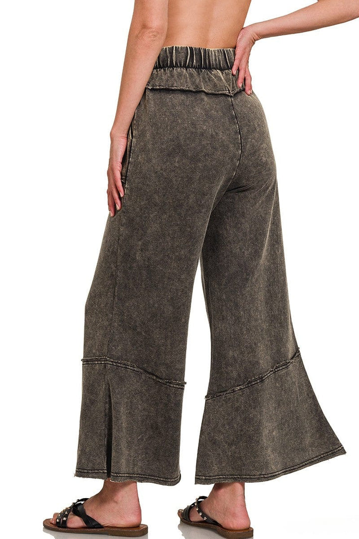 Zenana Exposed Seam Flare Lightweight Acid Washed Cotton Pants with Pockets