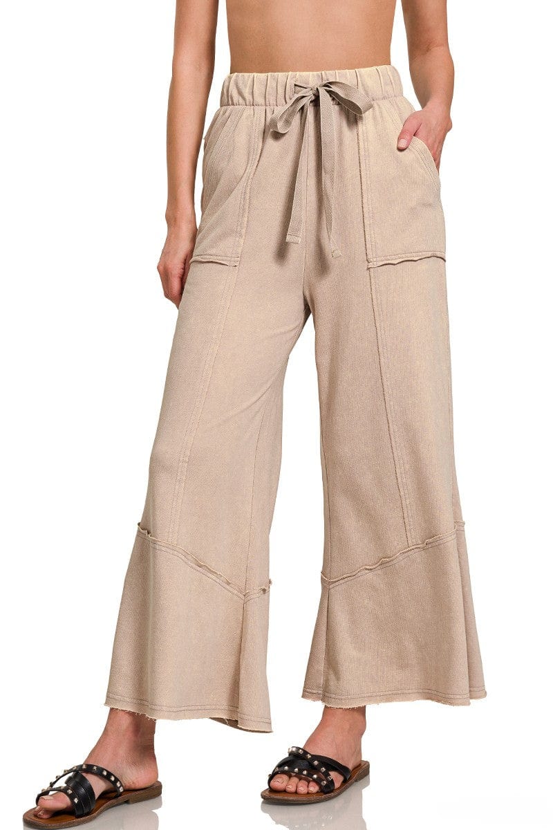 Zenana Exposed Seam Flare Lightweight Acid Washed Cotton Pants