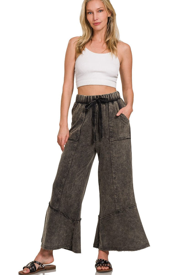 Zenana Exposed Seam Flare Lightweight Acid Washed Cotton Pants with Pockets