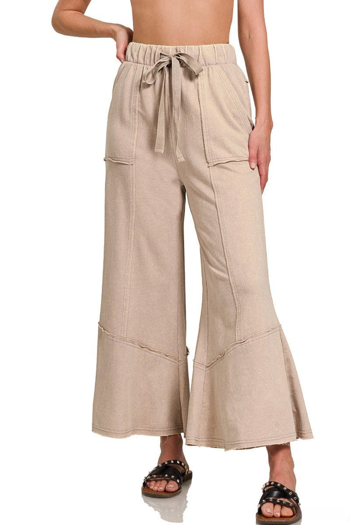 Zenana Exposed Seam Flare Lightweight Acid Washed Cotton Pants with Pockets