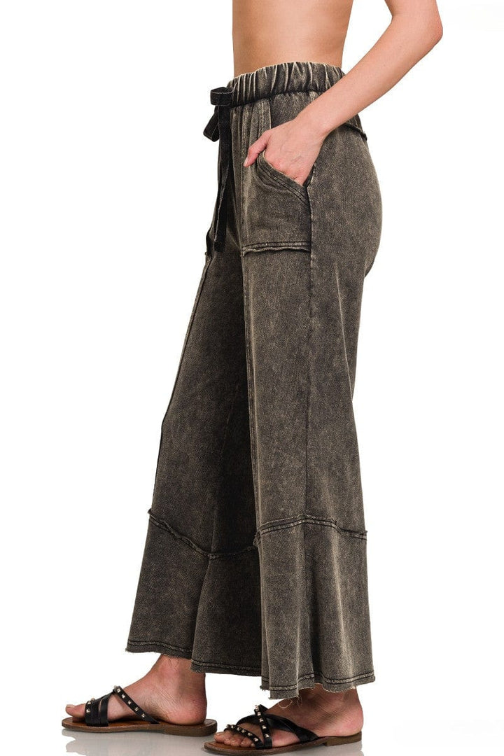 Zenana Exposed Seam Flare Lightweight Acid Washed Cotton Pants with Pockets