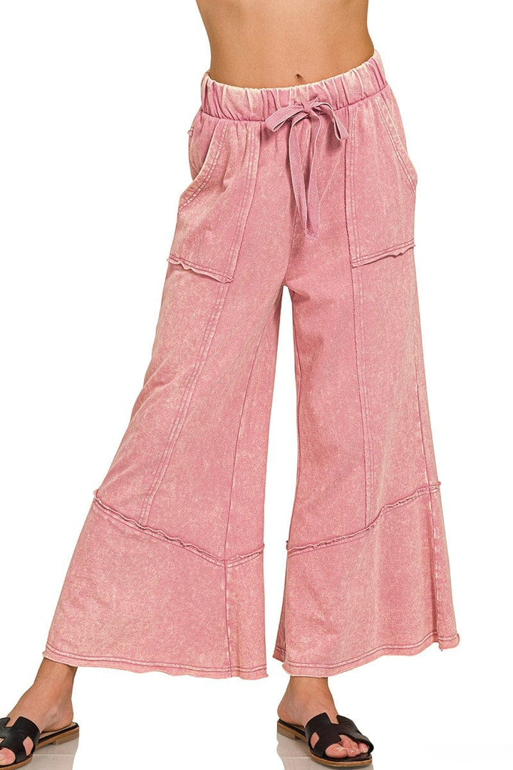 Zenana Exposed Seam Flare Lightweight Acid Washed Cotton Pants with Pockets