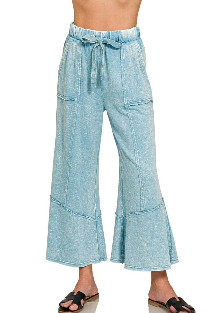 Zenana Exposed Seam Flare Lightweight Acid Washed Cotton Pants with Pockets