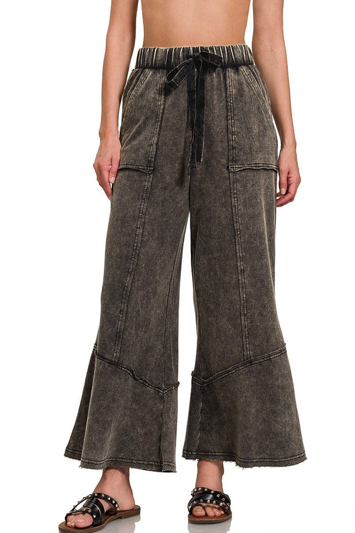 Zenana Exposed Seam Flare Lightweight Acid Washed Cotton Pants with Pockets