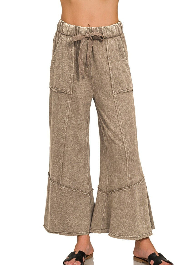 Zenana Exposed Seam Flare Lightweight Acid Washed Cotton Pants with Pockets