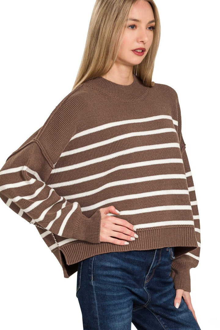 Zenana Exposed Seam Oversized Striped Sweater