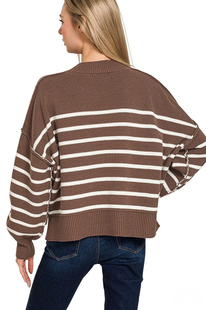 Zenana Exposed Seam Oversized Striped Sweater