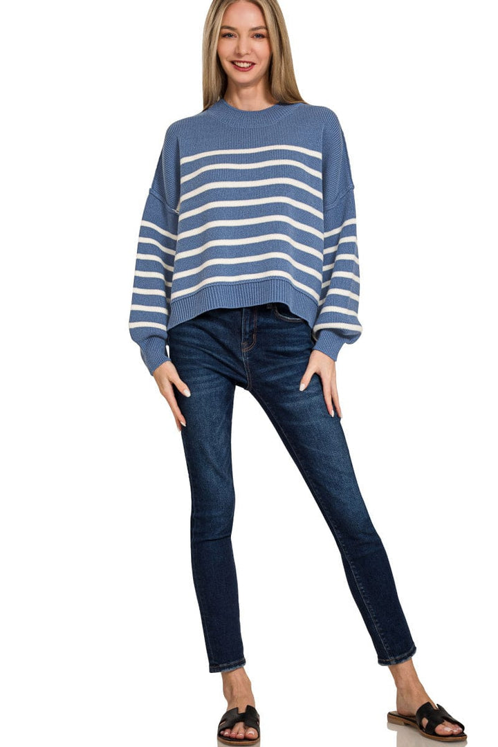 Zenana Exposed Seam Oversized Striped Sweater
