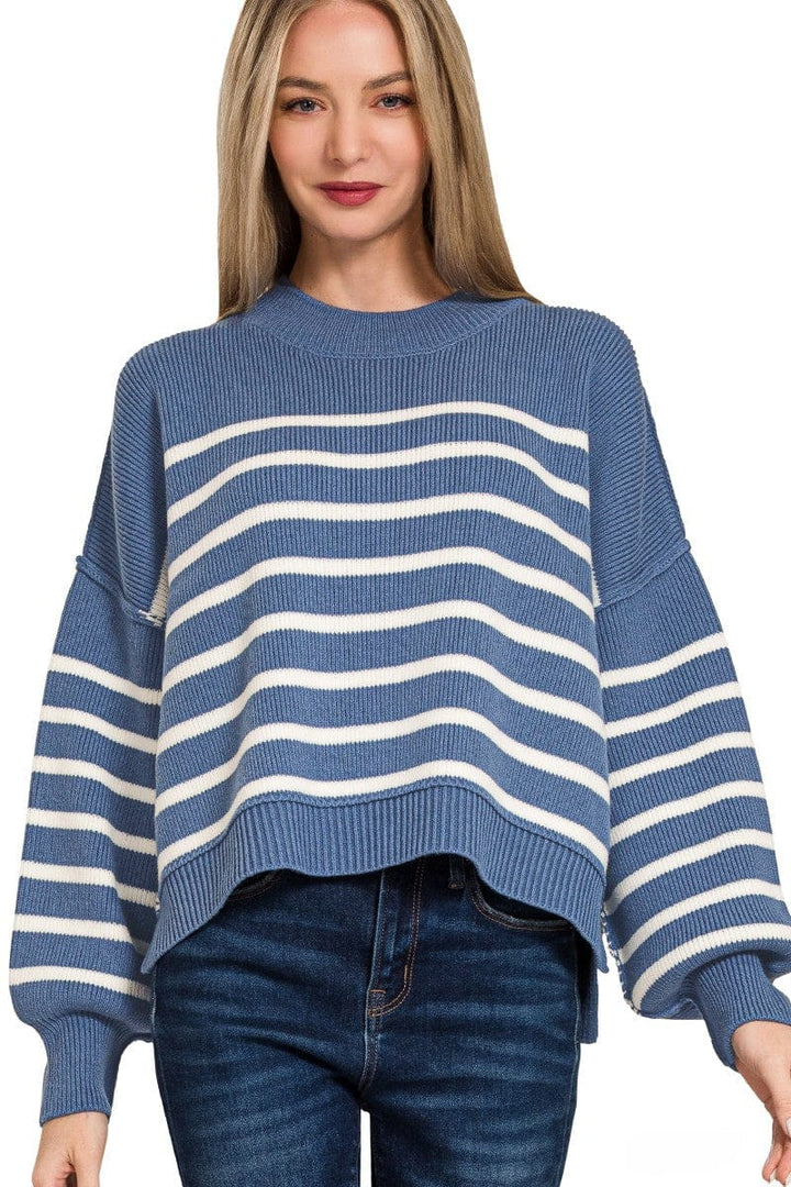 Zenana Exposed Seam Oversized Striped Sweater