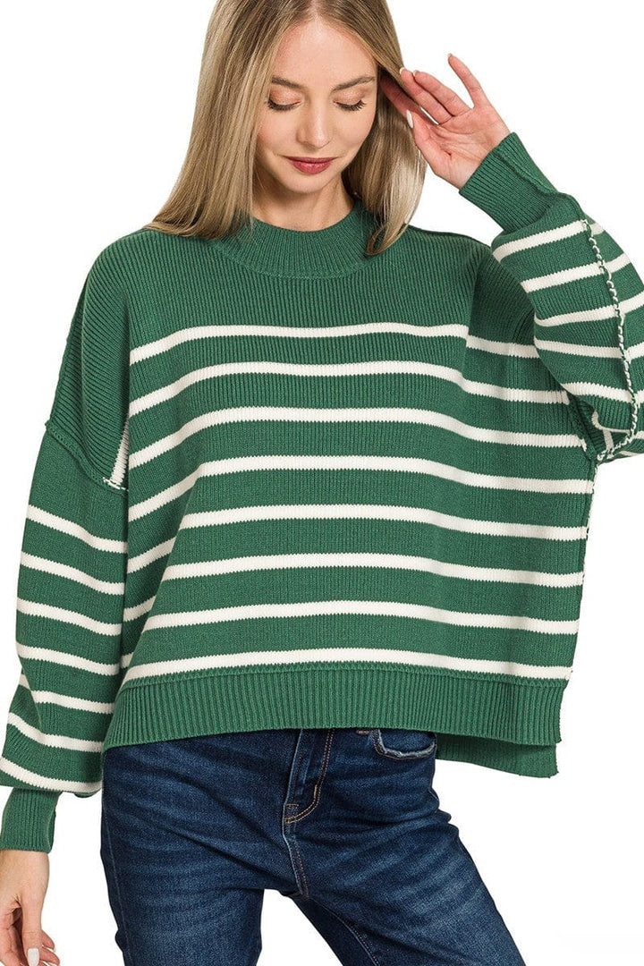 Zenana Exposed Seam Oversized Striped Sweater
