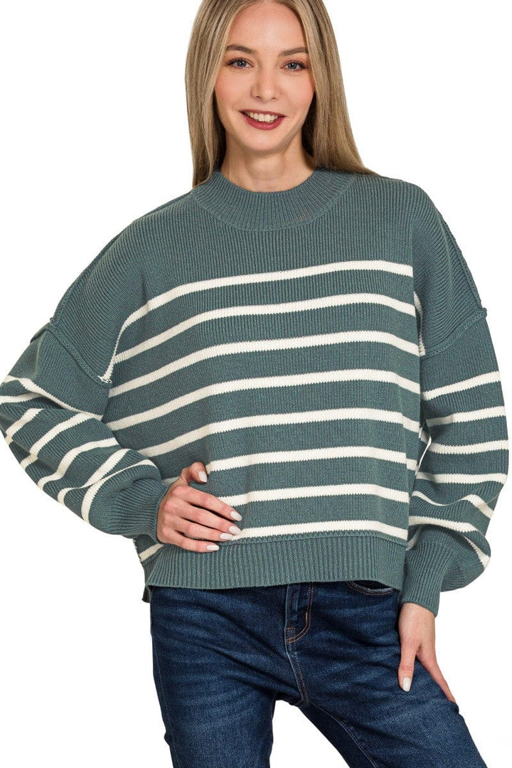 Zenana Exposed Seam Oversized Striped Sweater