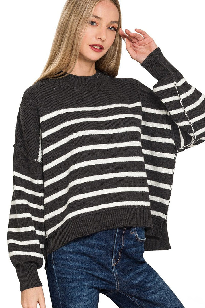 Zenana Exposed Seam Oversized Striped Sweater